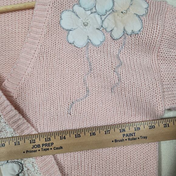 VTG Jaclyn Smith Sweater sz L Pink Embroidered Floral Pearl Embellished Feminine - Picture 14 of 16